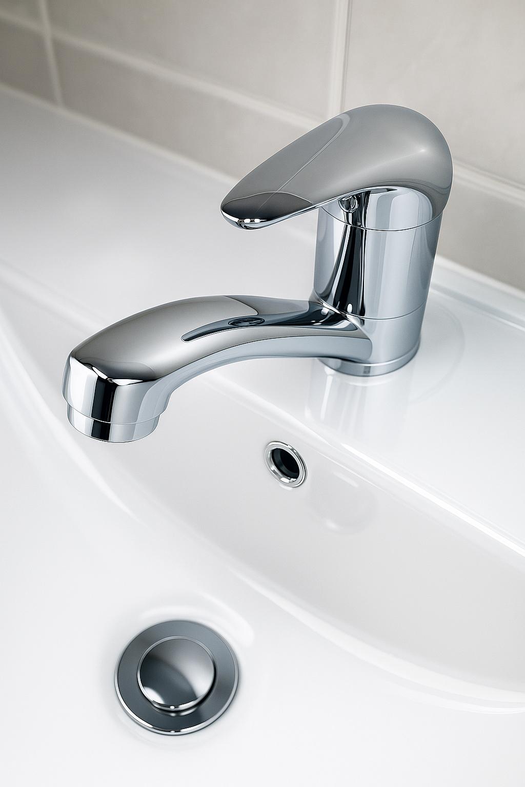 A close-up of a sparkling chrome tap on a clean sink
