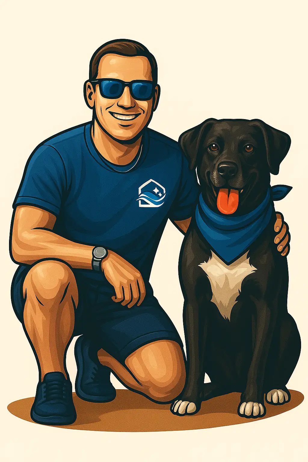 A high-quality, warm photo of Trent in his blue branded polo shirt, with Pandora the Black Labrador.